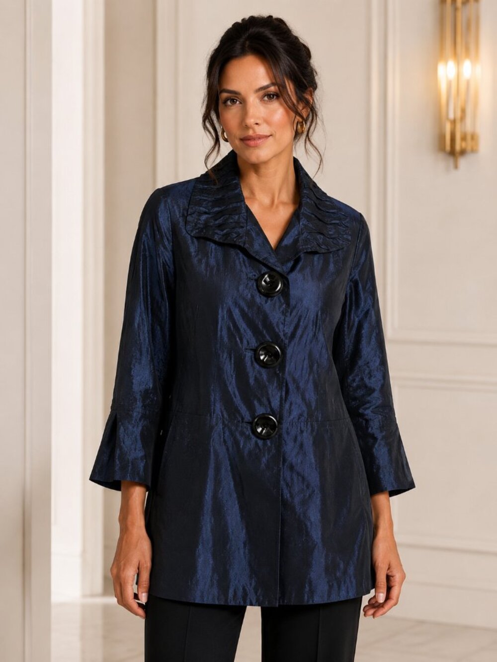 Penta Womens Jacket 4 Navy Metallic Shimmer 3/4 Sleeve Statement Swing Coat